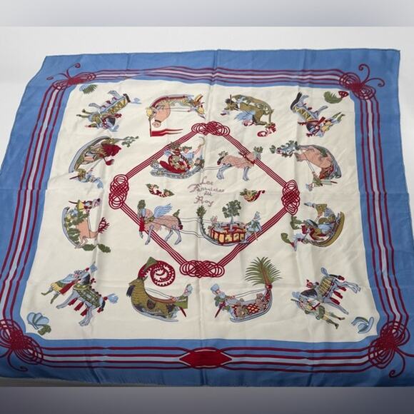 Hermes silk scarf red/blue colorway/whimsical sleds horses w/flourishes of color - Picture 1 of 15